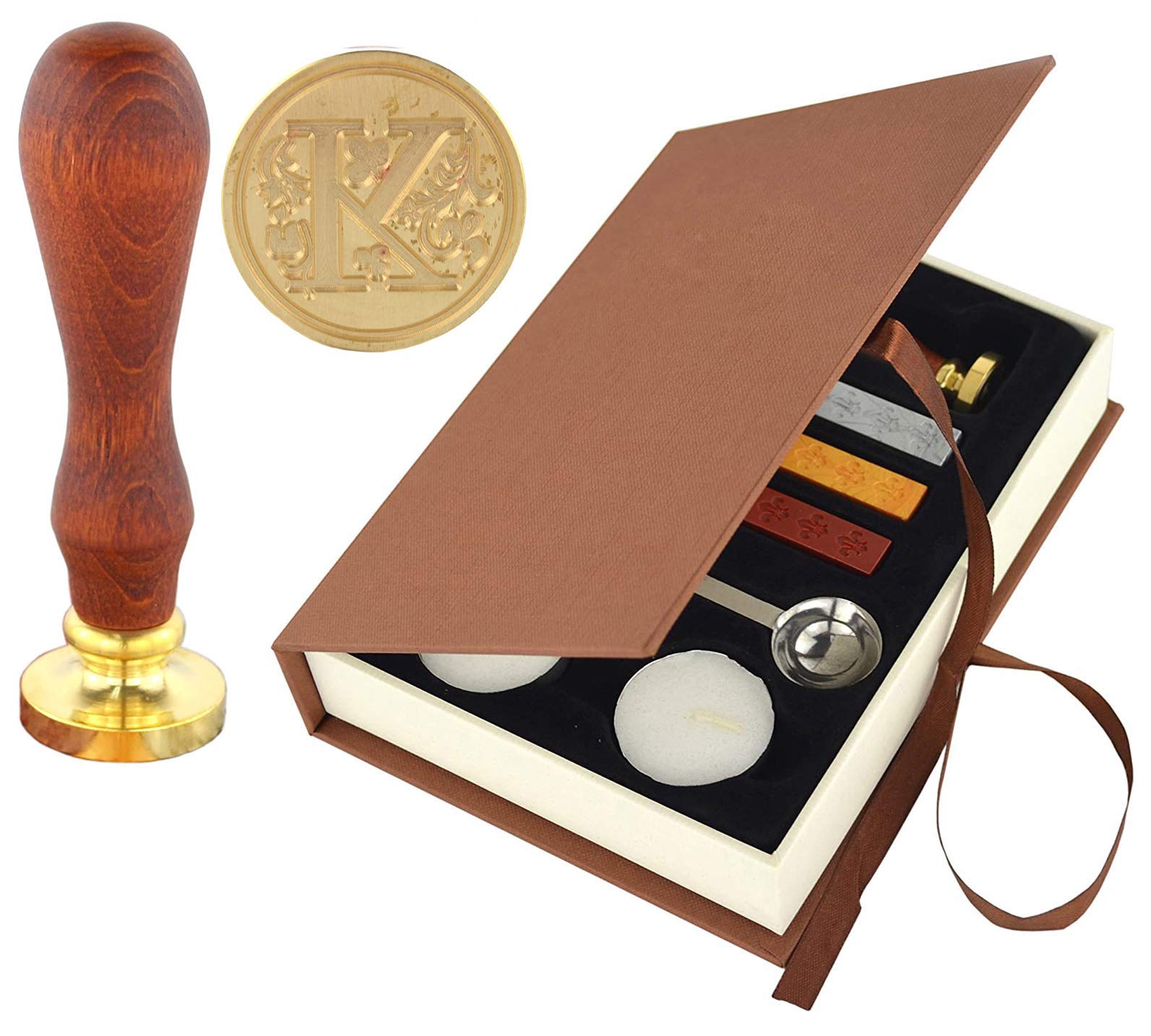 Hexint Initials Letter Wax Seal Stamp Kit Retro Classical Sealing Wax Stamp Set with 3pcs Sealing Wax Sticks and 1pc Melting Spoon and 2pcs White Candles (Letter K)