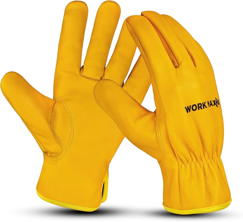 WORK MAXX Gardening Gloves Leather Heavy Duty Thorn Proof Mustard L