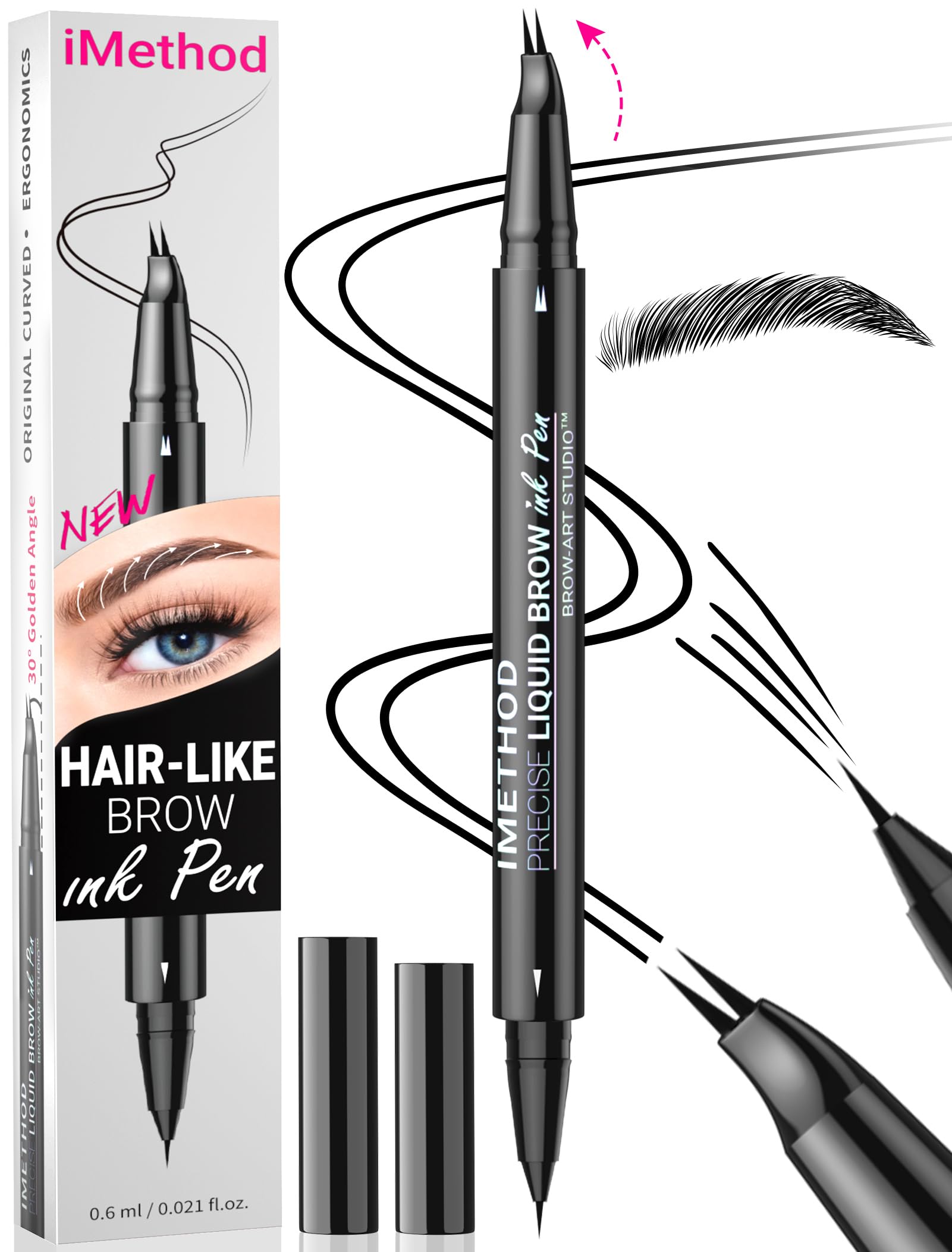 iMethod Curved Eyebrow Pen - Eyebrow Pencil, Brow Pencil 2-in-1 Dual-Ended Microblading Eyebrow Pen with Micro-Fork-Tip and Precise Brush-Tip Create Natural Hair-Like Brows, Last All-Day, Black