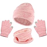 Kids Winter Hat Gloves Scarf Set: Warm Fleece Lined Beanie Hat Knit Gloves & Neck Warmer for Boys and Girls Ages 4-10