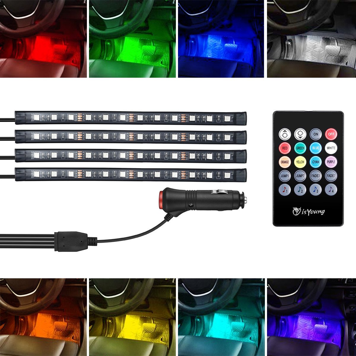 isYoung Lot de 4 Bande Lumières de Voiture 48 Lumières intérieur de Musique Multicolores de LED d\'Ambiance de Décoration, Télécommande sans Fil
