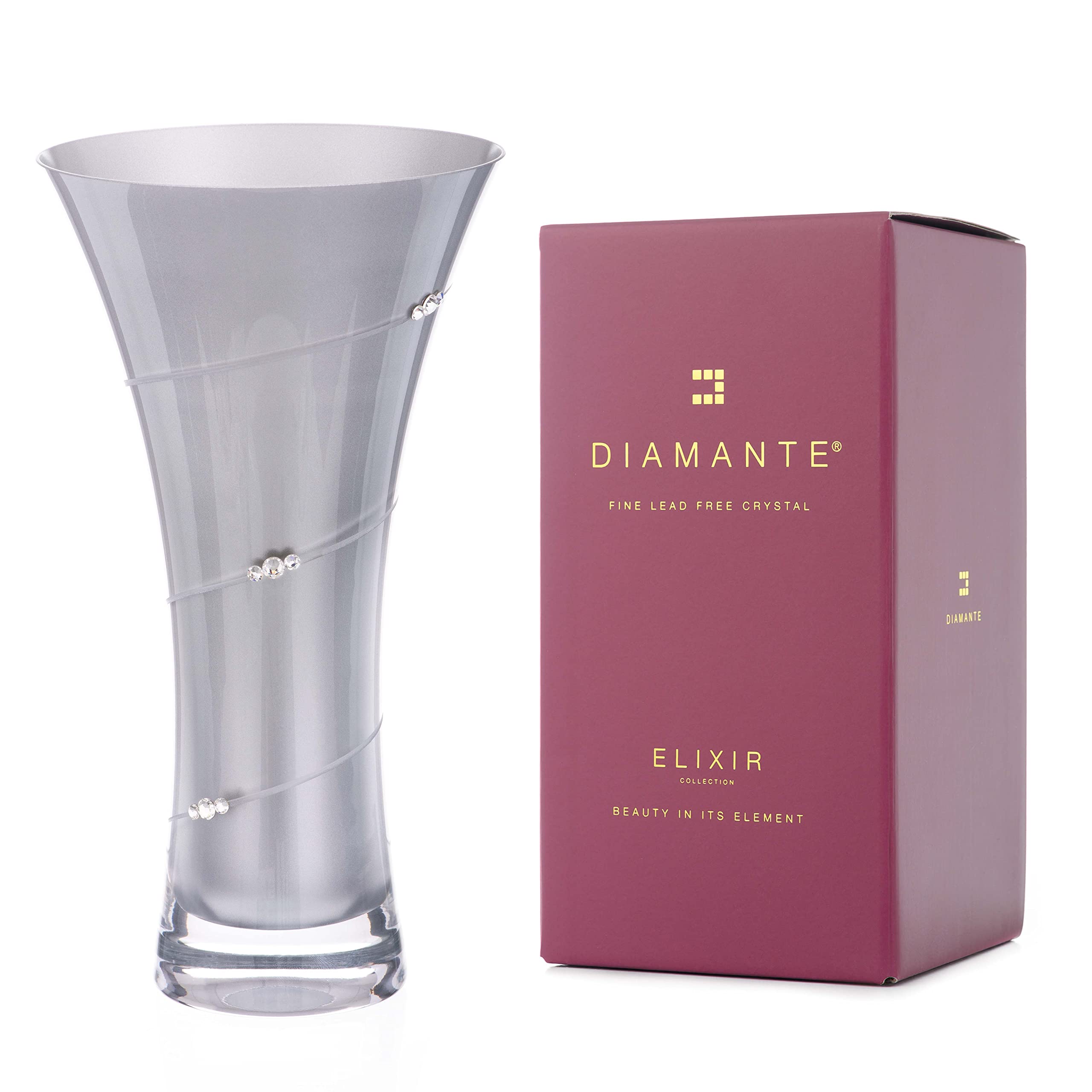 DIAMANTE Metallic Silver Trumpet Flared Vase with Crystals - 25cm