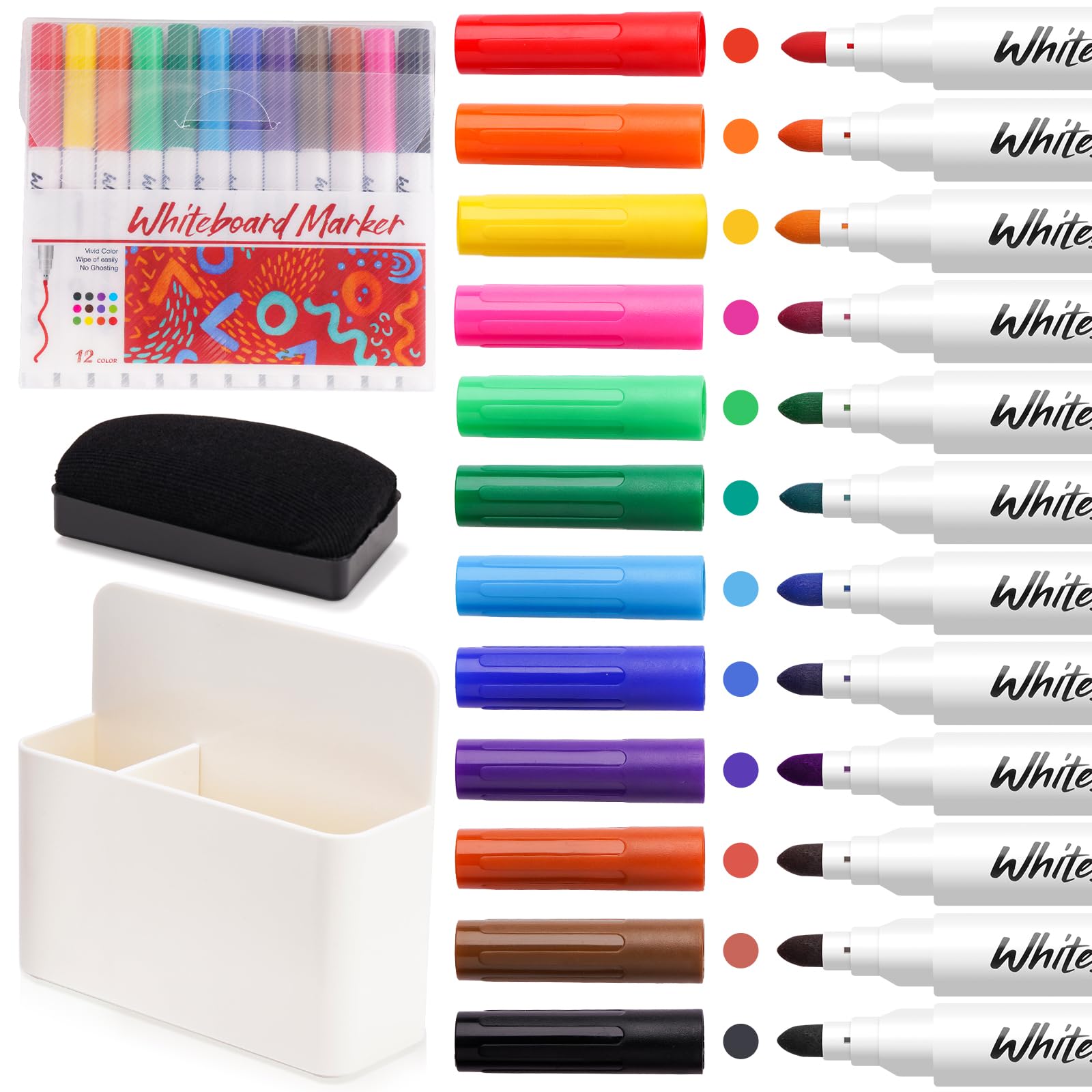 NiArt Whiteboard Magnetic Dry Erase Marker Holder Set, 12 Colors Fine Markers, Magnetic Whiteboard, Dry Eraser for School Office Home