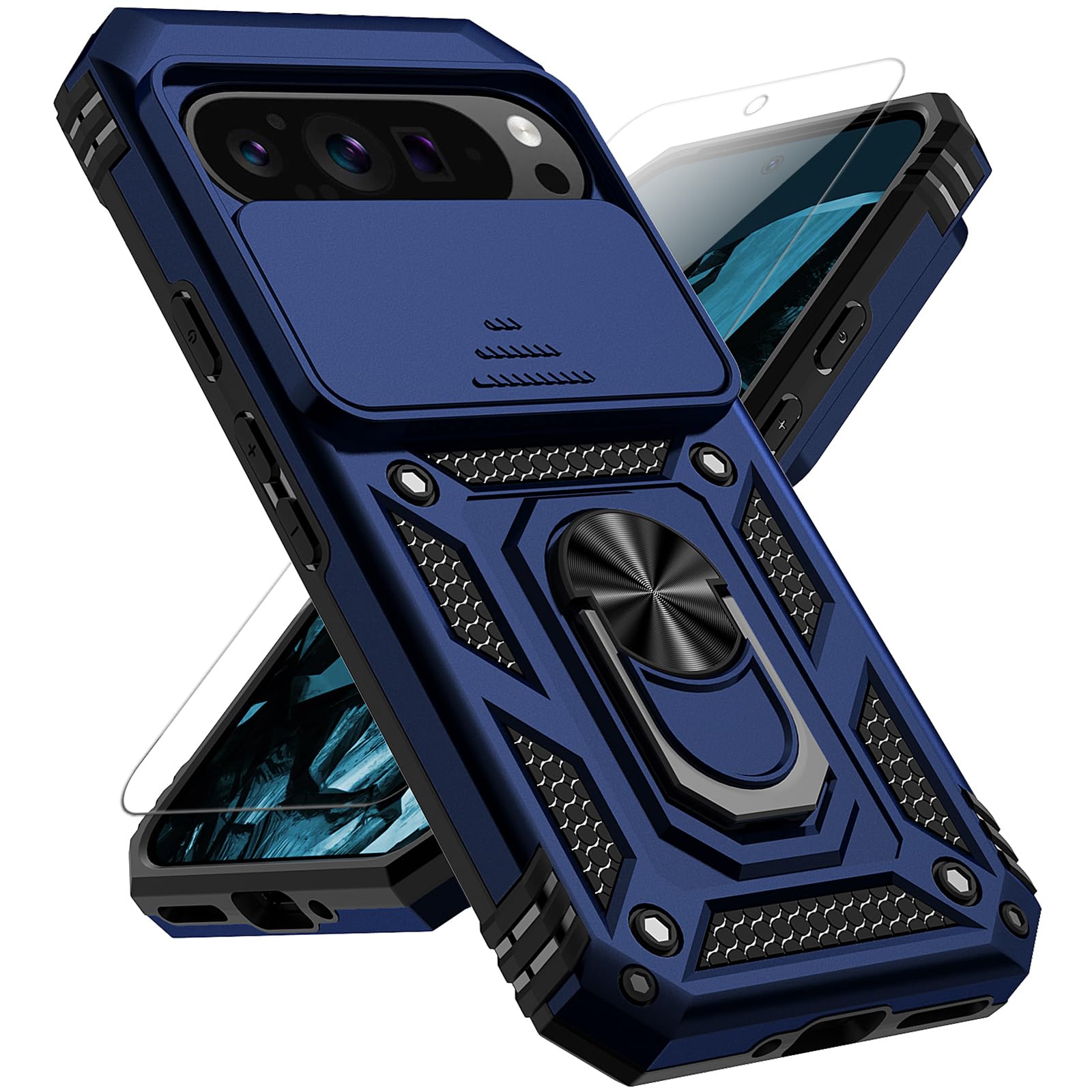 for Google Pixel 9 / Pixel 9 Pro Case with Slide Camera Cover Screen Protector [Military Grade Drop Tested] Magnetic Ring Holder Kickstand Protective Phone Case for Google Pixel 9/9 Pro, Navy Blue
