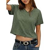 UNCLECAT Women's V Neck Cropped T Shirts Summer Short Sleeve Crewneck Crop Tops Solid Basic Tees