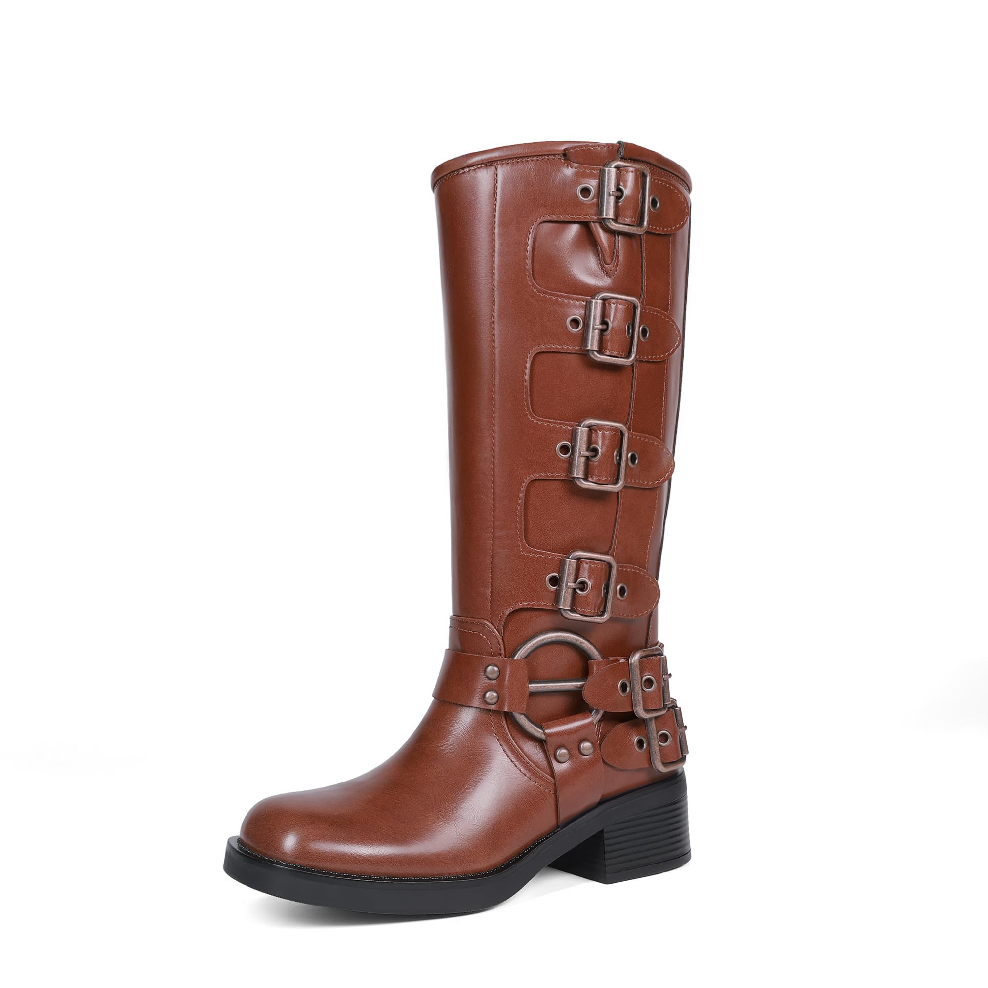 DREAM PAIRS Women's Knee High Riding Boots Side Zipper Motorcycle Boots Square Toe Chunky Heel Fashion Buckles Biker Boots,Size 7.5,Brown,SDKB2416W Image