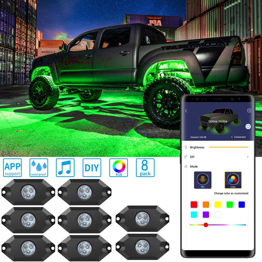 Govee RGB LED Rock Lights, 8 Pods App Control Neon Lighting Kit, Waterproof Music Rock Lights, Car Underglow Rock Lights for JEEP Off Road Truck Car ATV SUV Motorcycle