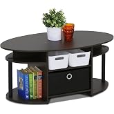 Furinno Jaya Simple Design Oval Coffee Table with Bin for Living Room, Walnut