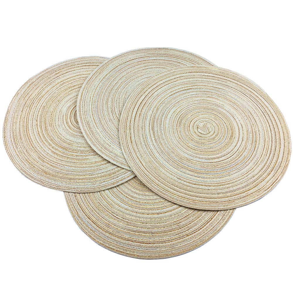 Red-A，Placemats,Round Placemats for Dining Table Set of 4 Woven Heat Resistant Non-Slip Kitchen Table Mats Diameter 14 Inch(Cream with Golden Silk)