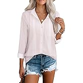 Aoudery Womens Button Down Shirts Long Sleeve Summer V Neck Collared Stripes Casual Blouses Tops with Pocket