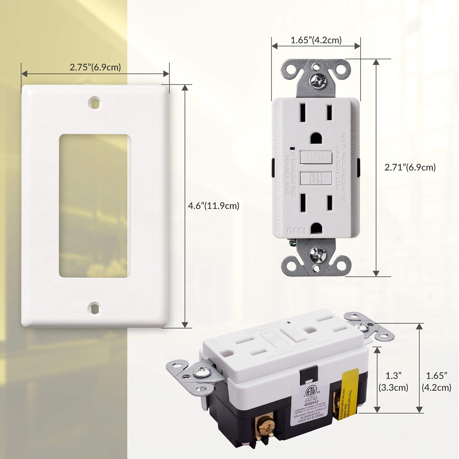 Faith [10-Pack] 15A GFCI Outlets Slim, Non-Tamper-Resistant GFI Duplex Receptacles with LED Indicator, Self-Test Ground Fault Circuit Interrupter with Wall Plate, ETL Listed, White, 10 Piece - - 