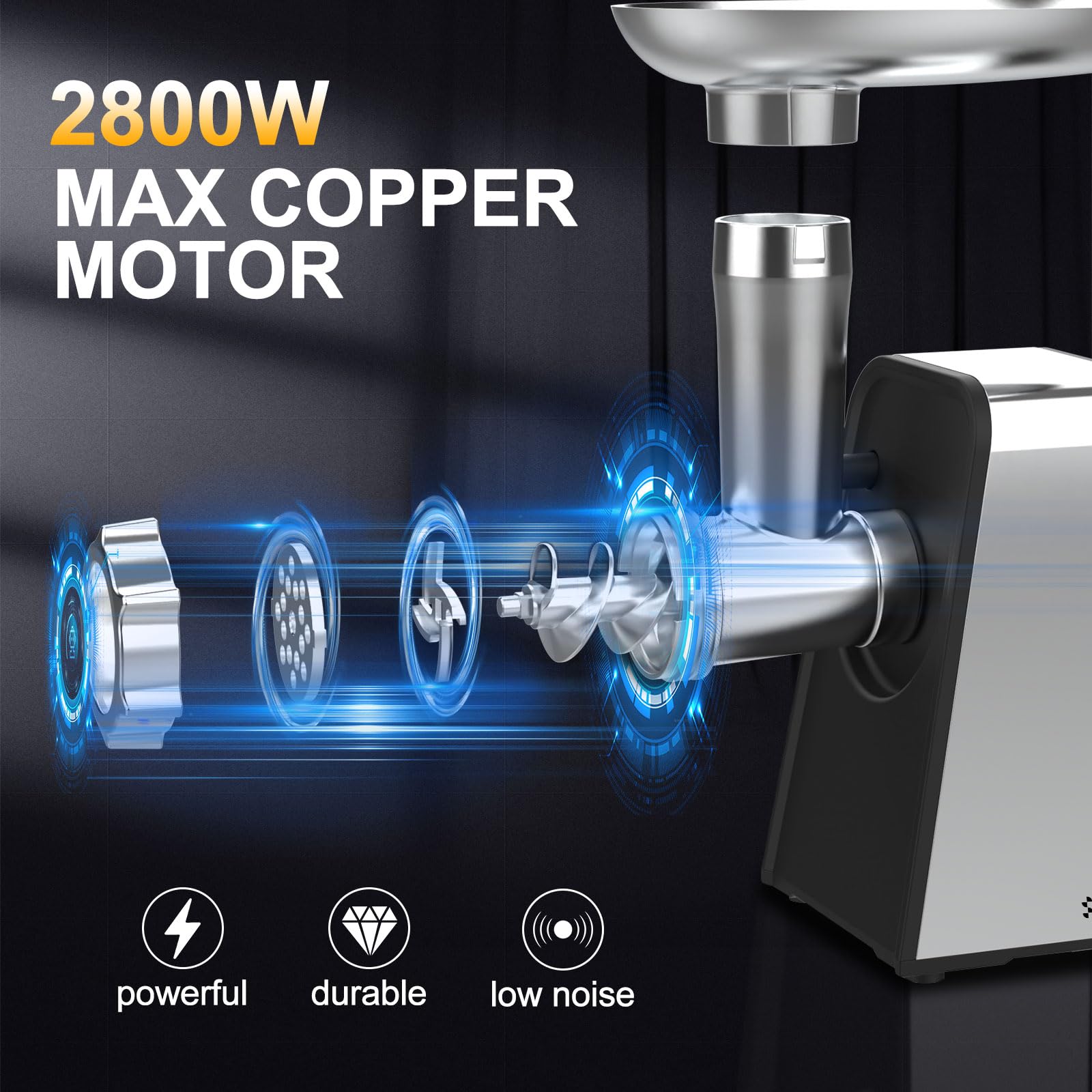 Electric Meat Grinder, 2800W Max Sausage Stuffer,Stainless Steel Meat Mincer With 2 Blades, 3 Plates, Sausage Tube And Kubbe Kit For Home Kitchen Use