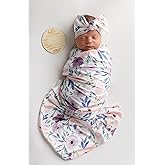Vollmic Newborn Baby Girl Receiving Blanket Swaddle Blanket Stretchy Knit Swaddle Set with Matching Headband Beanie with a Name Card (Pink and Purple Floral)