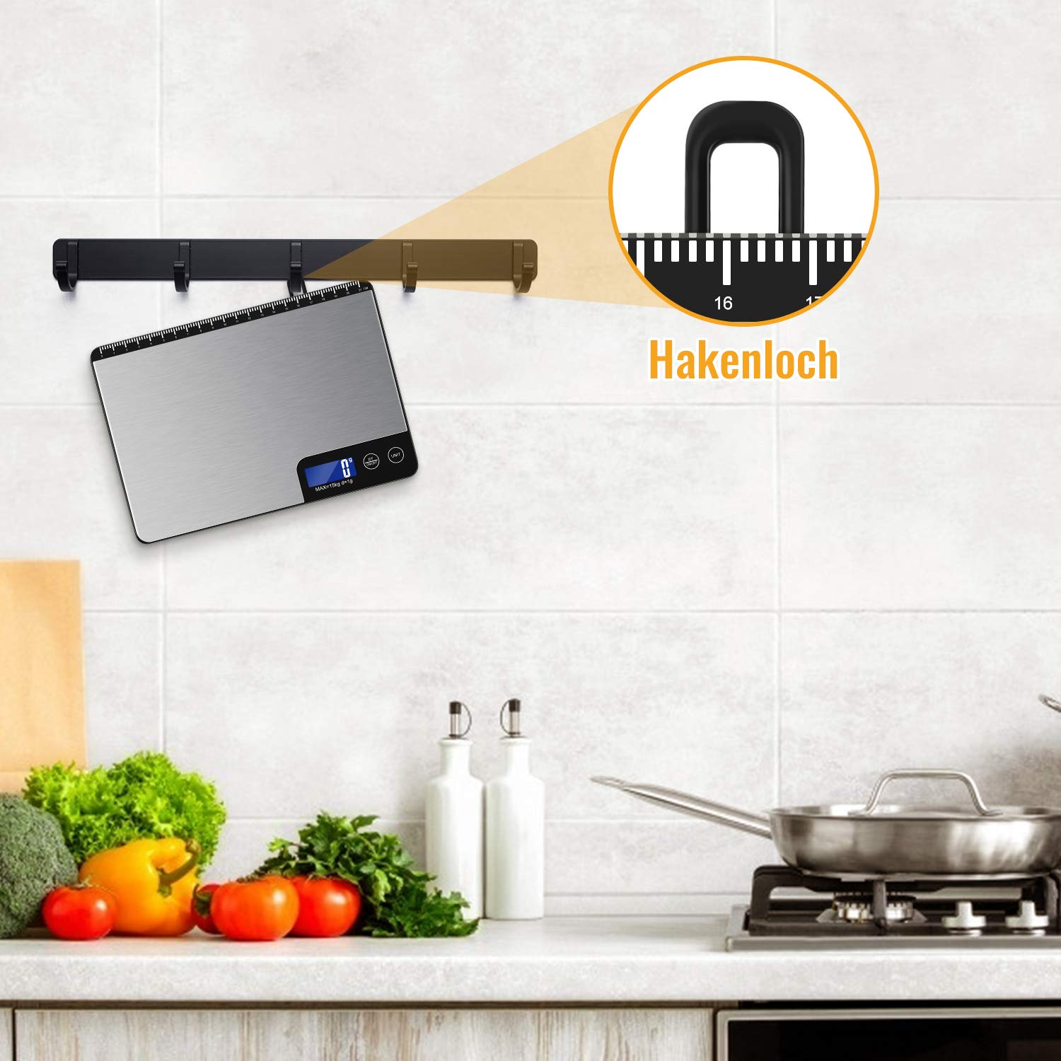 15kg Digitale Küchenwaage mit Lineal, Diyife Professionelle Digital Electronische Waage, Haushaltswaage aus Edelstahl, LCD-Anzeige, aufhängbar, 6 Einheiten, Tara-Funktion, mit Batterien 8