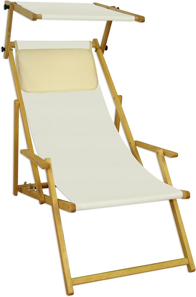 Deck Chair Lounge Chair Sun Lounger with Roof with Headrest Beige