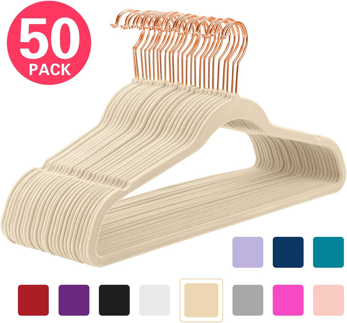MIZGI Premium Velvet Hangers (Pack of 50) Heavyduty - Non Slip - Velvet Suit Hangers Ivory - Copper/Rose Gold Hooks,Space Saving Clothes Hangers