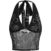 COZYEASE Women's Y2K Sheer Mesh Tie Back Halter Top Floral Print Rhinestone Cami Tops Backless Crop Tee