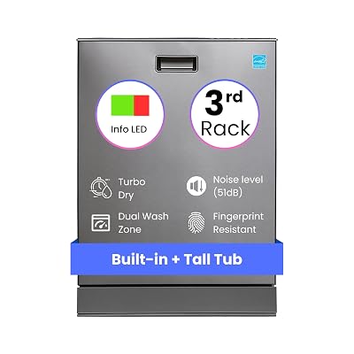 Equator 24″ Built-In Dishwasher with 3rd Rack – Top Control, 15 Place Settings, 8 Wash Cycles, Energy Star, Quiet 51 dB in Silver