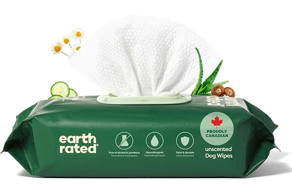 Earth Rated (A Canadian Company) Pet Wipes for Dogs and Cats, Hypoallergenic, Cleaning and Hydrating, for Grooming Paws, Body