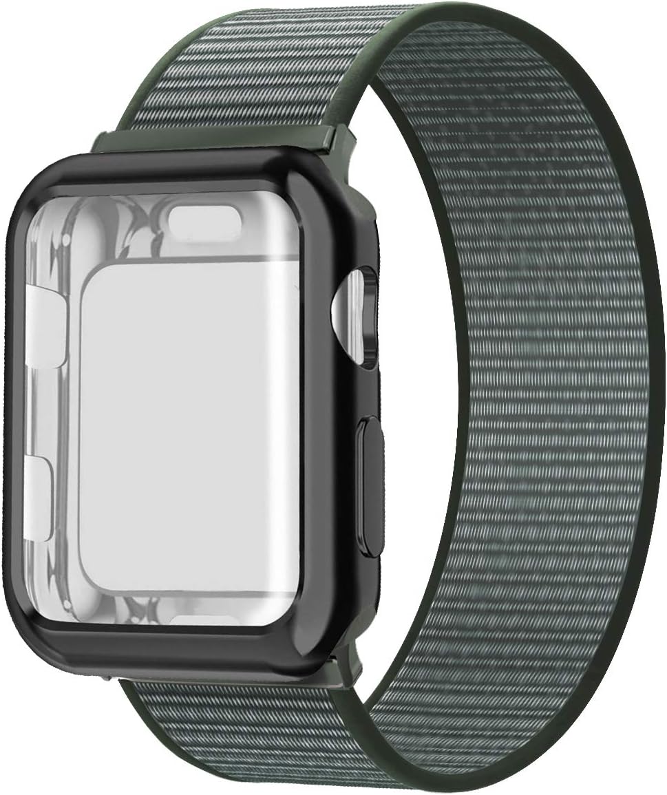 JuQBanke Compatible for Apple Watch Band 38mm 40mm 42mm 44mm iWatch Series 5 4 3 2 1 with Screen Protector Case, Sport Weave Strap with Hook and Loop Fastener Replacement Wristband