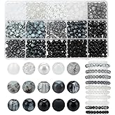 PH PandaHall 600pcs 6mm Black White Glass Beads 15 Styles Round Bracelet Beads Small Crackle Crystal Glass Bead Bulk Small Frosted Loose Jewelry Bead for Necklaces Bracelets Jewelry Making