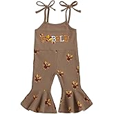 Lullnaxe Toddler Girl Thanksgiving Outfit Tie Shoulder Turkey Pattern Jumpsuit Romper One Piece Bell Bottoms Overalls
