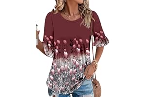 onlypuff Womens 3/4 Sleeve Tunic Tops Ruffle Blouse for Leggings Summer Shirts S-3XL