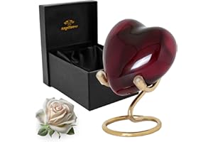 ANGELFOREVER Heart Keepsake Urn for Human Ashes – Handcrafted Burgundy Metal Mini Cremation Urn with Velvet Gift Box & Stand – Decorative Heart Urn for Loved Ones, Family, or Pet Ashes – Memorial Keepsake Display
