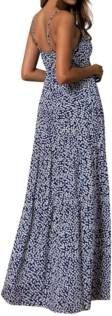 Boho Women Summer Sleeveless Beach Sun Dresses, Holiday Floral Maxi Kaftan Dresses V-Neck Ankle-Length Dress