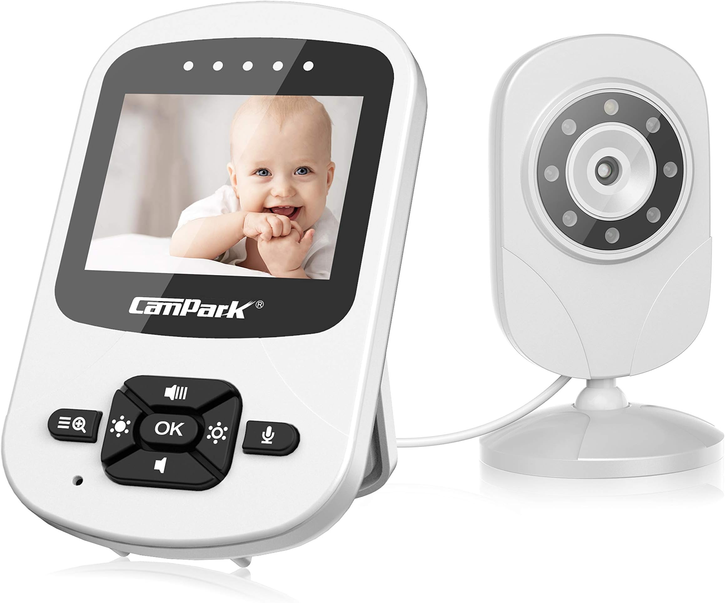Campark Video Baby Monitor with Camera and Audio Infant Digital Cam Optics with Infrared Night Vision 2.4" LCD 2.4GHz Wireless Two Way Talk Temperature Sensor VOX Auto Wake-up Multi-Camera Connection