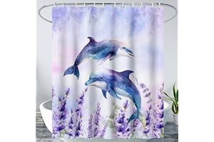 AILONEN Watercolor Dolphin Shower Curtain, Cute Dolphin Lavender Flower Bath Curtain,Modern Minimalist Purple Waterproof Fabric Shower Curtain Set with Hooks 72" W*72" H