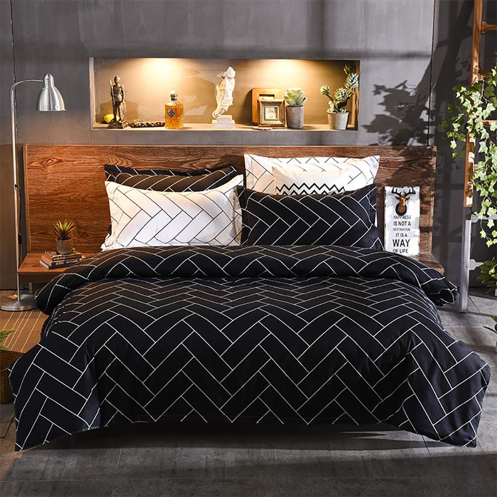 Lanqinglv Black and White Double Duvet Cover Set Reversible Geometric Bedding Set Double Bed Simple Quilt Cover With 2 Pillowcases (HLZ,Double)