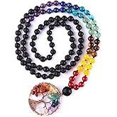 Bivei 108 Mala Beads Necklace Life Tree 7 Chakra Wrap Bracelet Real Healing Gemstone Yoga Meditation Hand Knotted Mala Prayer Bead Necklace