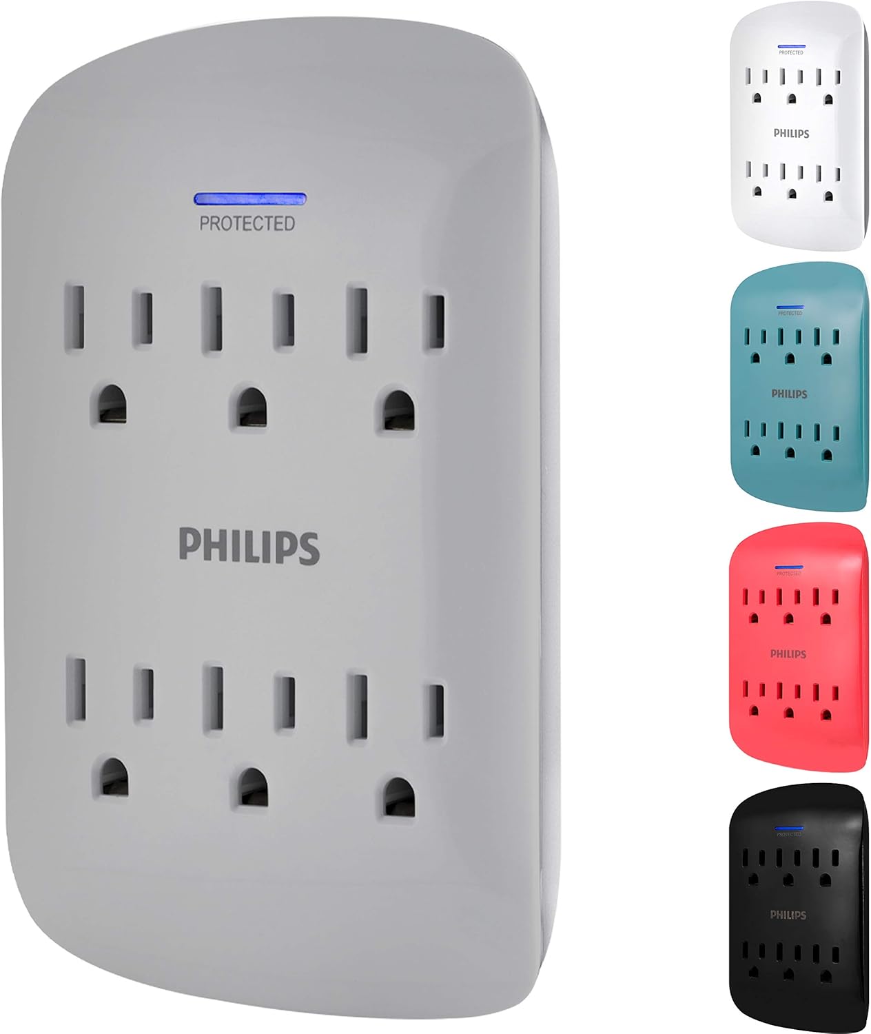 Philips 6-Outlet Extender Surge Protector, 900 Joules, 3-Prong, Space Saving Design, Protection Indicator LED Light, Grey, SPP3461GR/37: Electronics