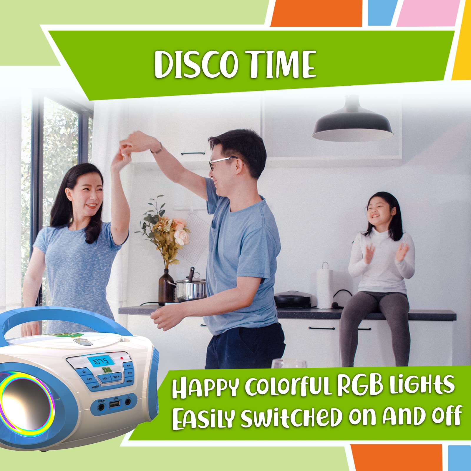 Tunes Kids Boombox CD Player for Kids - NEW 2023 - FM Radio - Batteries Included - Cute white Radio cd Player with Speakers for Kids and Toddlers - Blue