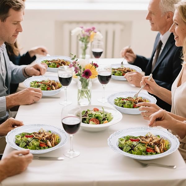 DAYAMMI 50 PACK PLASTIC BOWLS WITH SILVER RIM, 12OZ DISPOSABLE SOUP BOWLS,SILVER BOWLS DISPOSABLE HEAVY DUTY DINNER BOWL FOR WEDDING,PLASTIC SERVING BOWLS FOR PARTIES,DINNERS,CATERING AND EVERYDAY USE