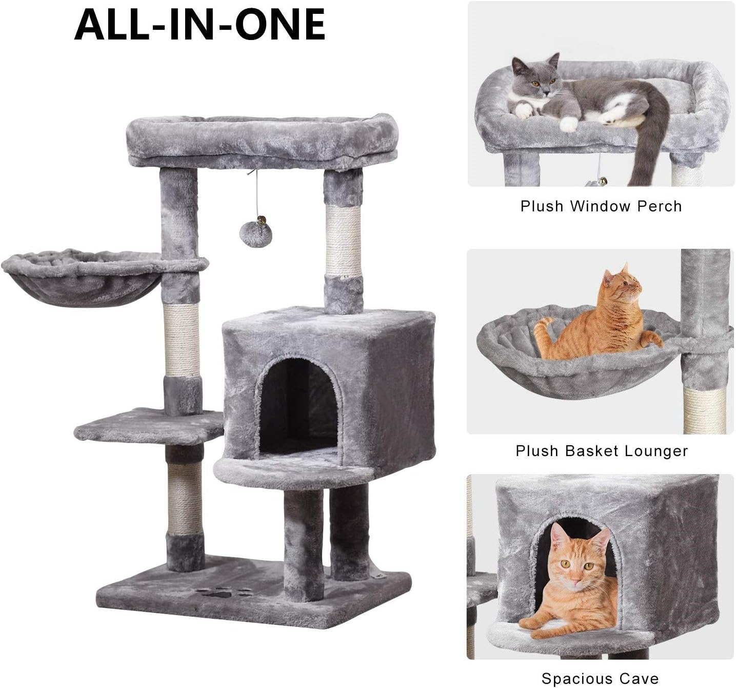 MQ Multi-Level Cat Tree Condo, Activity Center Cat Tower Furniture 36'' with Sisal-Covered Scratching Posts, Padded Plush Perch, Spacious Cat Cave & Baske for Small Kittens Adult Cats (Grey) : Pet Supplies