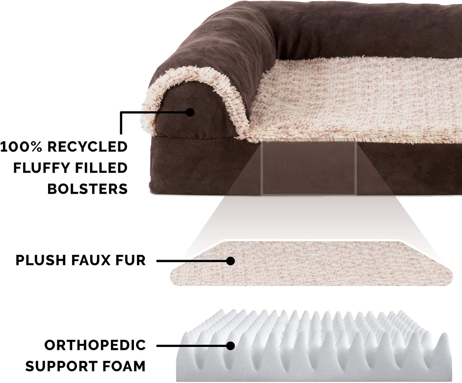 Furhaven Pet Dog Bed - Deluxe Orthopedic Two-Tone Plush and Suede L Shaped Chaise Lounge Living Room Corner Couch Pet Bed with Removable Cover for Dogs and Cats, Espresso, Jumbo : Pet Supplies
