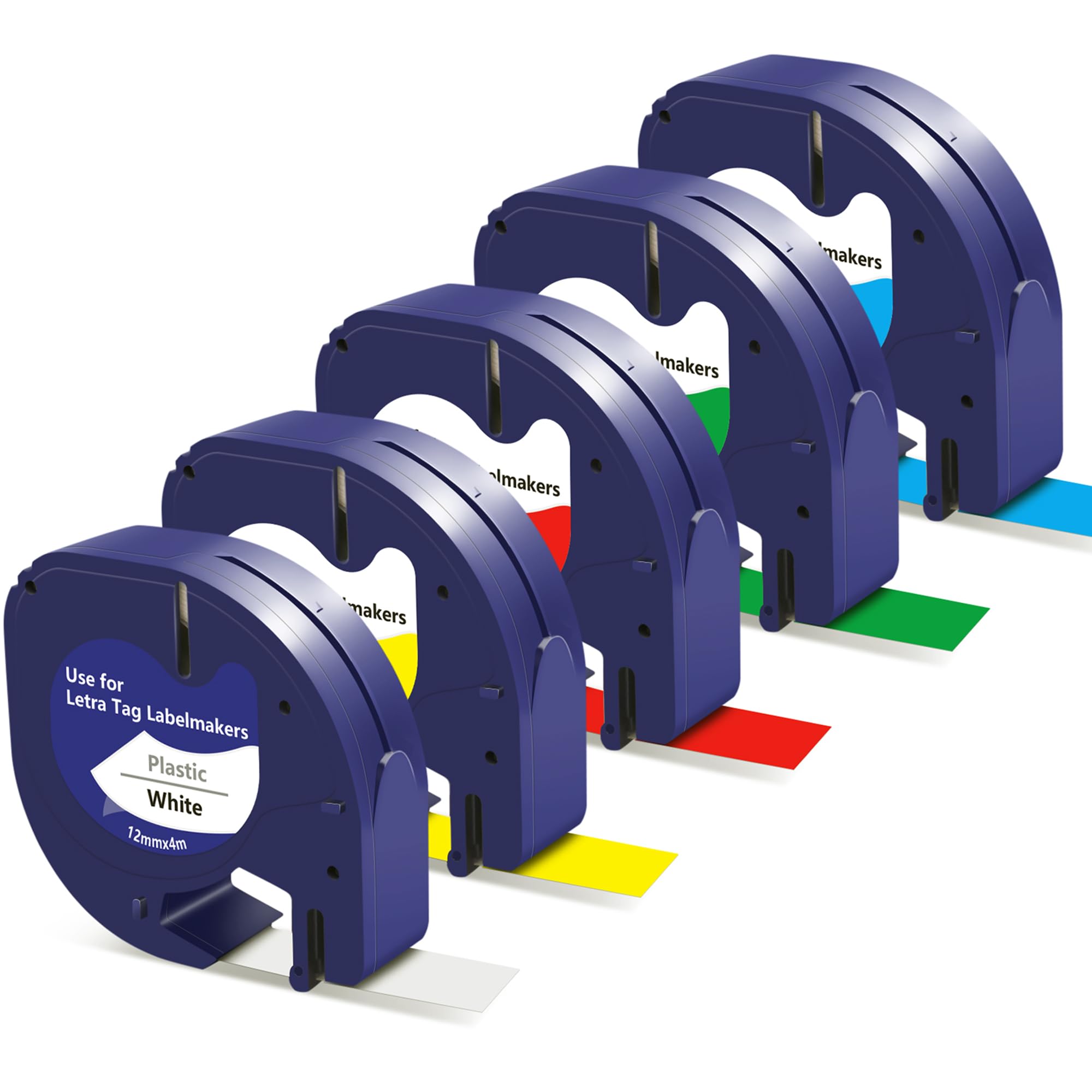 5 Pack Compatible for DYMO Letratag Tape Plastic 12mm x 4m Multicolour Label Maker Tape for Dymo LT-100T LT-100H LT-110T QX50, Black on White Yellow Red Green Blue