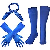 3 Pcs Halloween Costume Accessory Set, Include Retro Square Neck Scarf Neckerchief 15 Inch Stretchy Long Opera Satin Gloves Blue Athletic Compression Socks for Party Cosplay