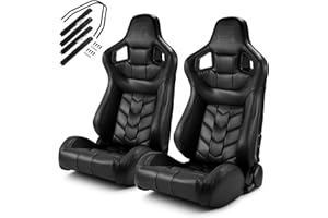 ModifyStreet [Pure Series] Pure Black PVC Reclinable Car Racing Seats Pair W/Slider Left/Right
