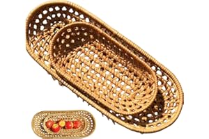 Wicker Bread Basket 2Pcs Oval Woven Rattan Serving Baskets Narrow Rustic ideal for Storage Display Fruit Snack Flatware Bague