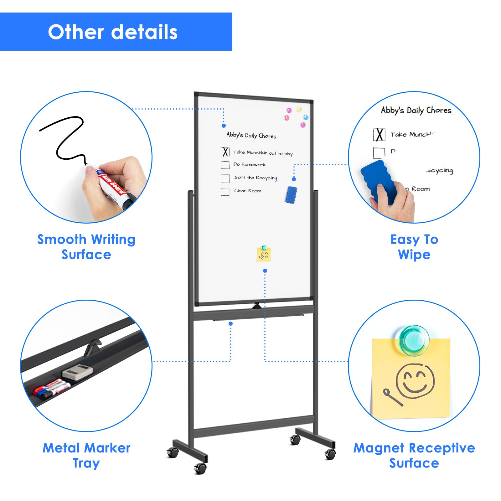 maxtek Magnetic Mobile White Board, 40 x 24 Double Sided Dry Erase Board Rolling Whiteboard, Aluminum Frame Standing Whiteboard on Wheels for Home Office Classroom (40 x 24 Black)