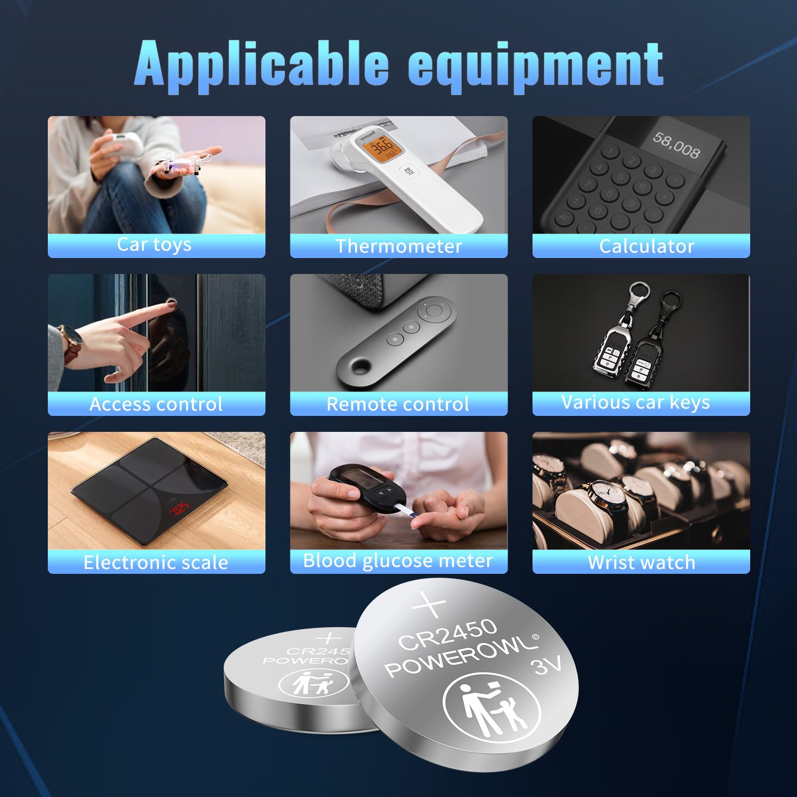 POWEROWL High Capacity CR2450 Battery, 10 Years Leak-Free, Long Lasting Power, CR 2450 3v Lithium Coin & Button Cell Batteries -Qty 6