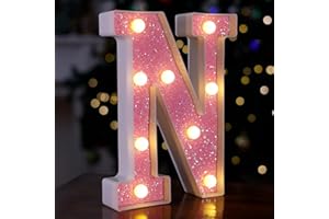 TRONSBOO LED Letter Lights Pink Glitter Marquee Letters Light Up Alphabet Letters Sign Battery Powered for Home Party Decoration Night Bar Wedding Birthday Holiday Lamp Girls Room Decor - Letter N