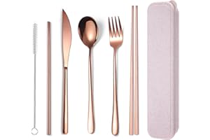 AARAINBOW 6 Pieces 18/8 Stainless Steel Flatware Set Portable Reusable Cutlery Set Travel Utensils Set Including Chopsticks Knife Fork Spoon Straws Cleaning Brush Dishwasher Safe (Rose Gold)