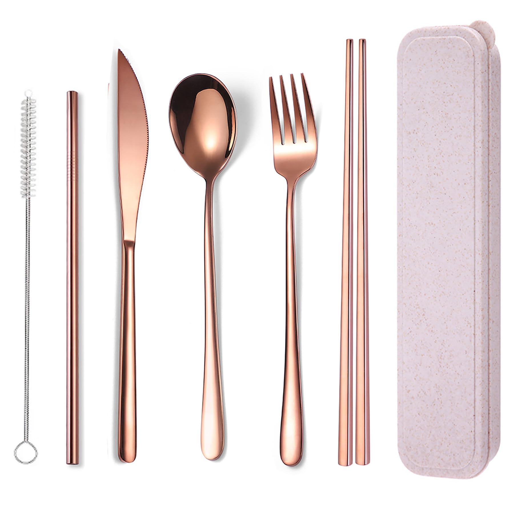 Photo 1 of **BROKEN**AARAINBOW 6 Pieces 18/8 Stainless Steel Flatware Set Portable Reusable Cutlery Set Travel Utensils Set Including Chopsticks Knife Fork Spoon Straws Cleaning Brush Dishwasher Safe (Rose Gold)