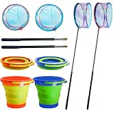 2PCS Kids Fishing Nets with Bucket - Telescoping Handle Retractable Landing Net Lightweight Aluminum Pole for Catch and Release Frog, Minnow, Butterfly, Crab, Beach and Creek Outdoor