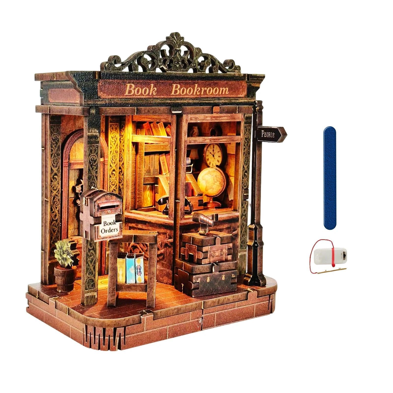 Small Book Nook Kit, DIY 3D Wooden Puzzles for Adults, Teens and Beginners, Miniature Tiny House Kit for Bookshelf Decor,Gift for Family, Friends, Book Lovers（Instructions included）