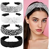 Uintoon Knotted Headbands for Women Girls 4Pcs White Black Leopard Print Headband Cute Fashion Wide Headbands for Women Non Slip Hairbands Head Bands for Women's Hair Accessories